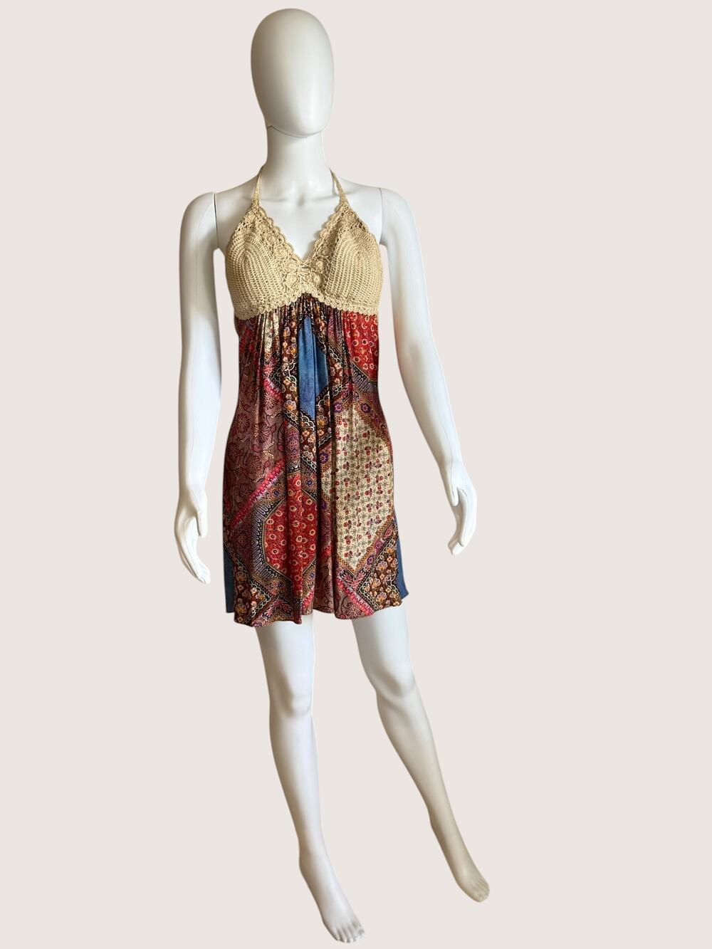 Sky Brand Crochet Halter Patchwork Mini Dress with Paisley Print